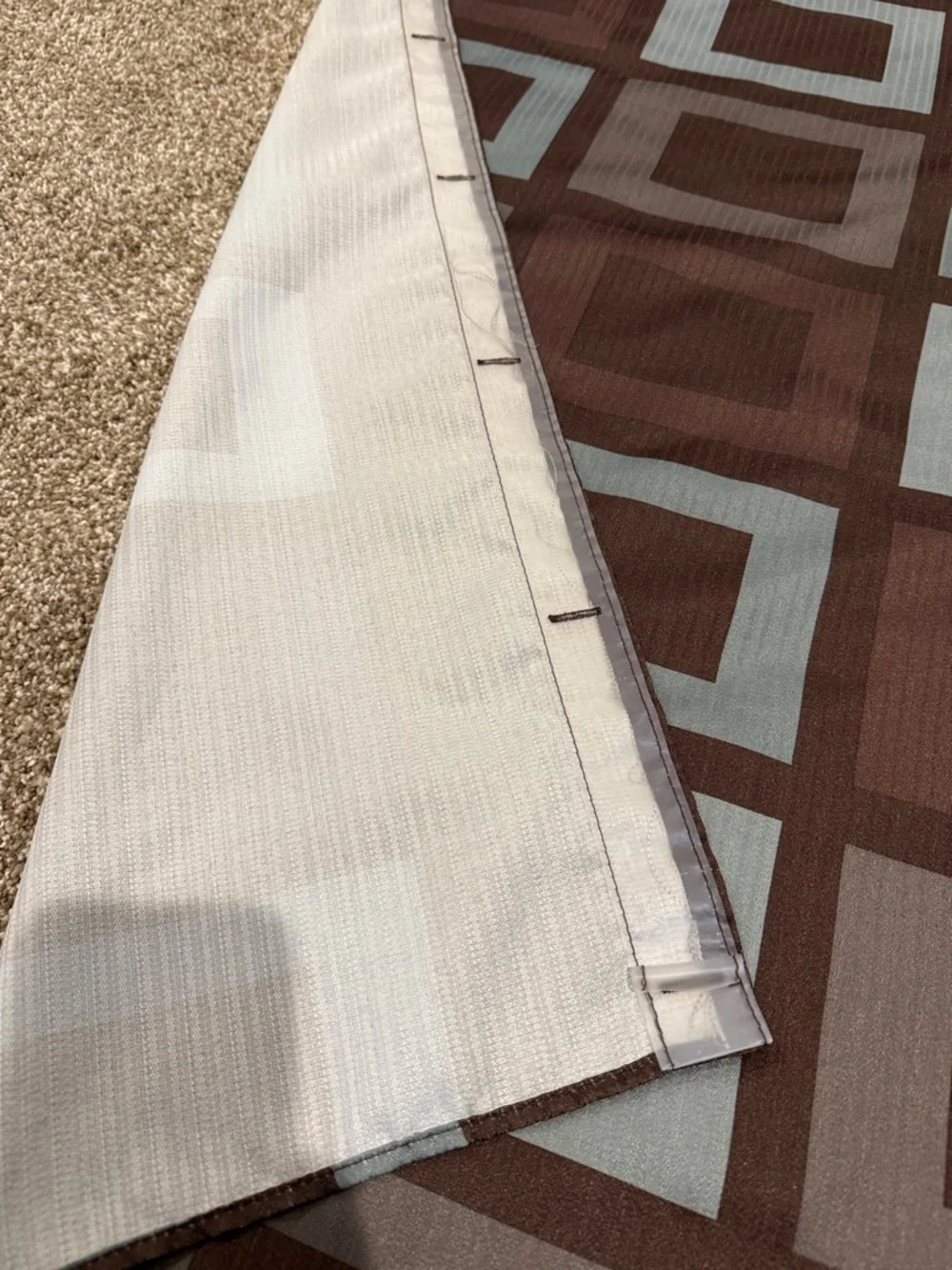 Geometric Square Pattern Shower Curtain in Brown and Light Blue
